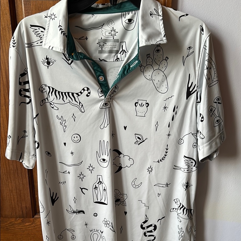 Green and White Polo Shirt with Artistic Design Swannies Golf Shirt Men’s Large